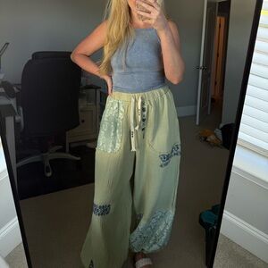 POL Sage Green Wide-Leg Patchwork Drawstring Pants